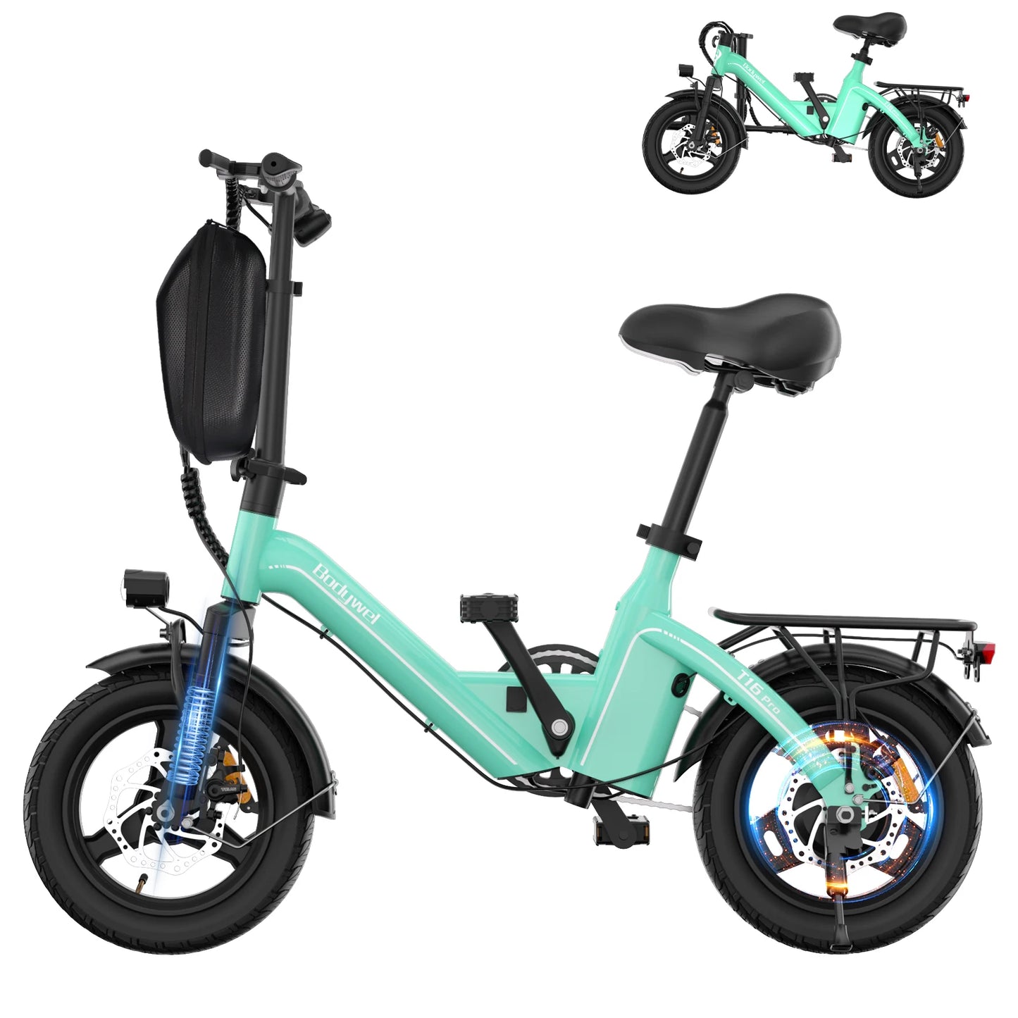 Bodywel T16Pro Adult Electric Bike 14" Foldable eBike, 750W Motor 22MPH Max Speed 36V 10.4AH Battery Commuter Electric Bicycle