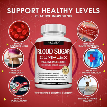 Blood Sugar Complex Supplement - Supports Healthy Blood Sugar Levels, All Natural with Cinnamon, vitamins, Non-GMO, 60 Capsules