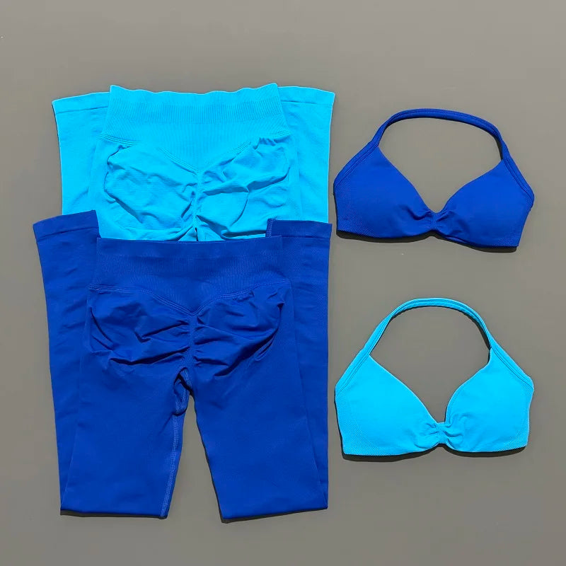 2 Piece Sport Set Women Yoga Backless Halter Bra High Waist Scrunch Seamless Pants Sport Suit Gym Sportswear Workout Set