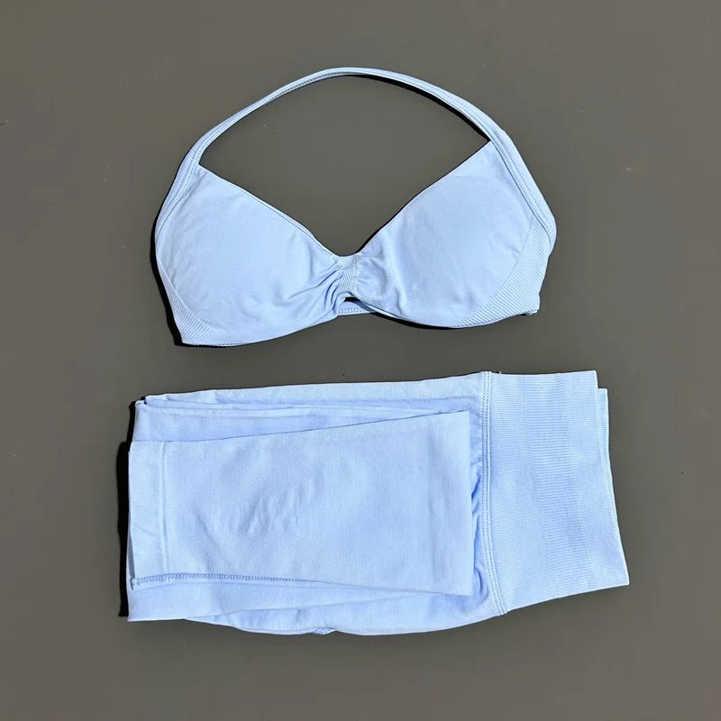 2 Piece Sport Set Women Yoga Backless Halter Bra High Waist Scrunch Seamless Pants Sport Suit Gym Sportswear Workout Set