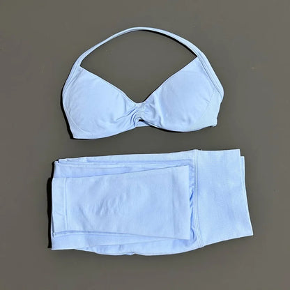 2 Piece Sport Set Women Yoga Backless Halter Bra High Waist Scrunch Seamless Pants Sport Suit Gym Sportswear Workout Set