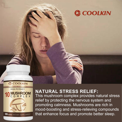 10 Mushroom Complex - Balances Mood, Immune Support, Enhances Brain Function, Memory and Cognition - 120 Capsules