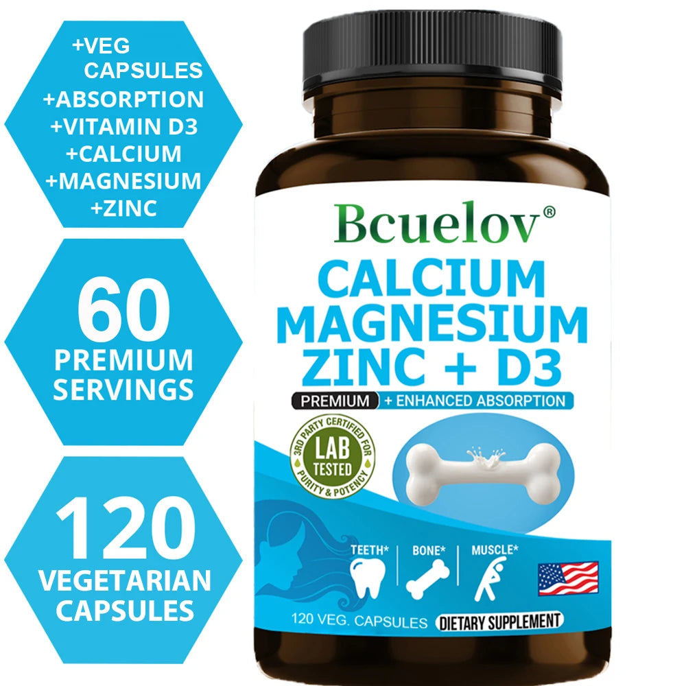 Calcium Magnesium Zinc Capsules with Vitamin D3 - Bone/Teeth/Heart Support, Immune & Nerve Health, 30/60/120 Counts