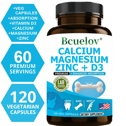 Calcium Magnesium Zinc Capsules with Vitamin D3 - Bone/Teeth/Heart Support, Immune & Nerve Health, 30/60/120 Counts