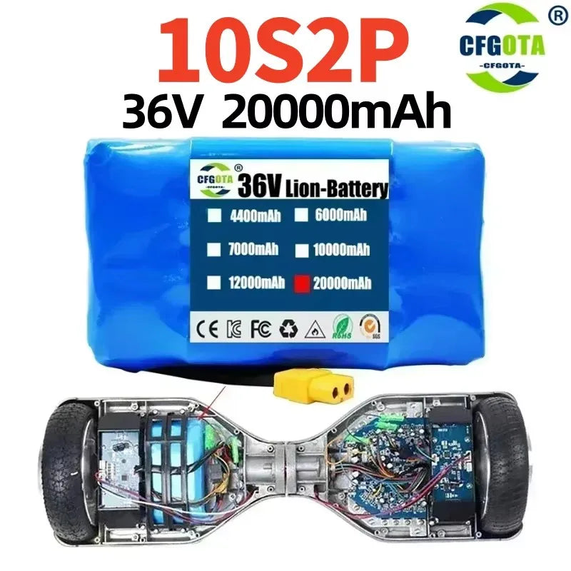 36V 20000mAh Superior Lithium-Ion Rechargeable Battery for Electric Self-Suction Hoverboard Unicycle 20AH Long-Lasting Power