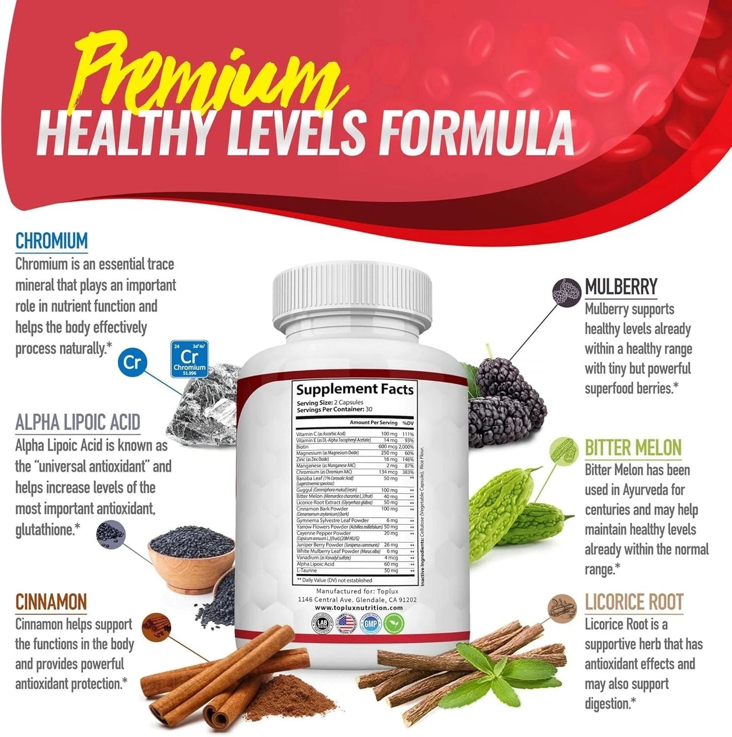Blood Sugar Complex Supplement - Supports Healthy Blood Sugar Levels, All Natural with Cinnamon, vitamins, Non-GMO, 60 Capsules