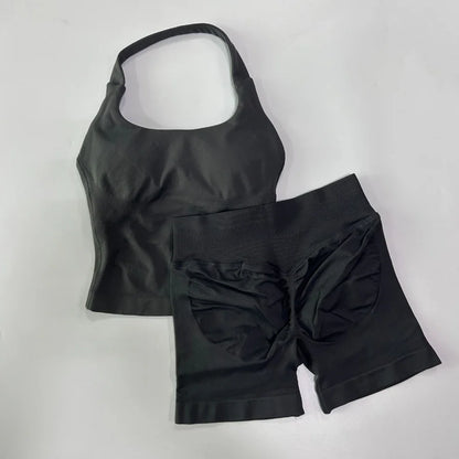 Yoga 2 Pieces Gym Set Women Backless Halter Tops High Waist Seamless Shorts Gym Suit Fitness Sports Bras Sportswear Workout Sets