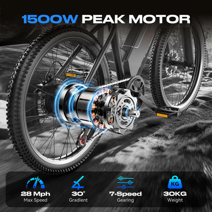 Electric Bike for Adults, 1500W Peak Ebike, 60Miles 25MPH Electric Mountain Bike, 26" Adult Electric Bicycle with 48V Battery