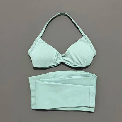 2 Piece Sport Set Women Yoga Backless Halter Bra High Waist Scrunch Seamless Pants Sport Suit Gym Sportswear Workout Set
