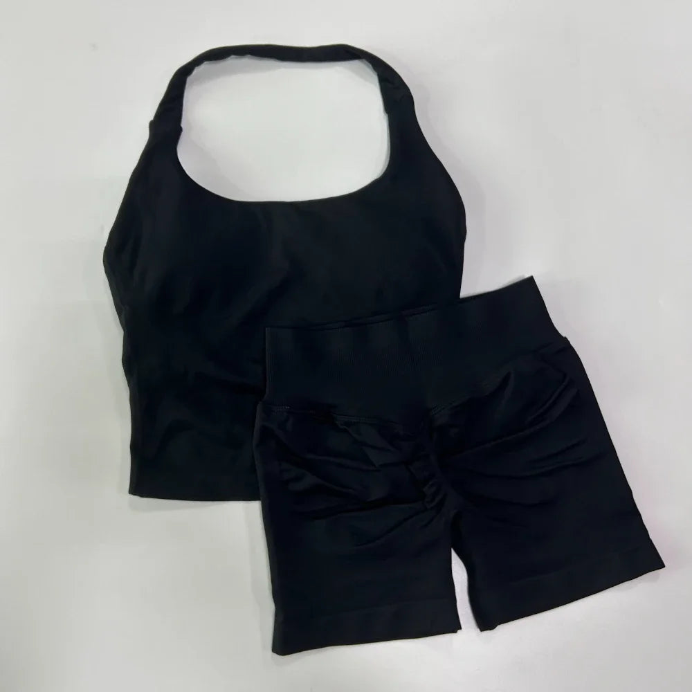 Yoga 2 Pieces Gym Set Women Backless Halter Tops High Waist Seamless Shorts Gym Suit Fitness Sports Bras Sportswear Workout Sets