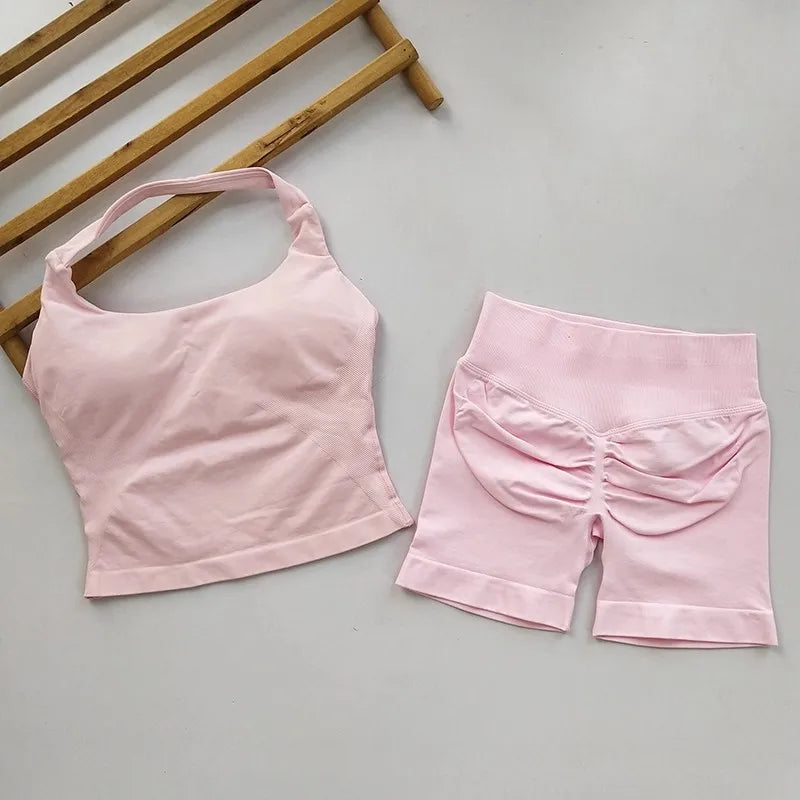Yoga 2 Pieces Gym Set Women Backless Halter Tops High Waist Seamless Shorts Gym Suit Fitness Sports Bras Sportswear Workout Sets