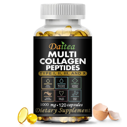 Multi Collagen Peptides, Type I, II, III and X, Hydrolyzed Collagen Peptides with Vitamin C, Supports Skin Hair Nail & Joint