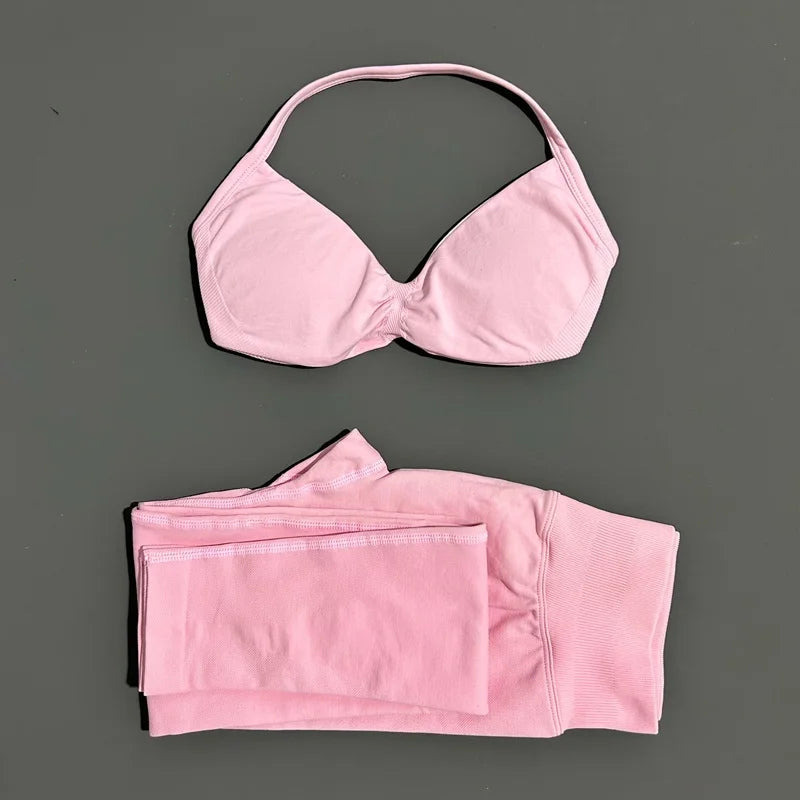 2 Piece Sport Set Women Yoga Backless Halter Bra High Waist Scrunch Seamless Pants Sport Suit Gym Sportswear Workout Set
