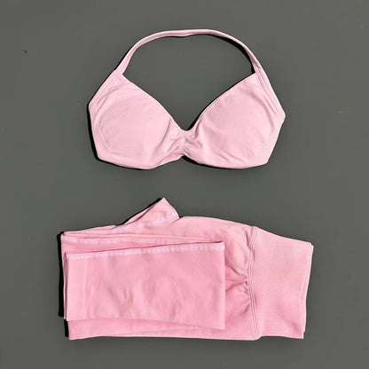 2 Piece Sport Set Women Yoga Backless Halter Bra High Waist Scrunch Seamless Pants Sport Suit Gym Sportswear Workout Set