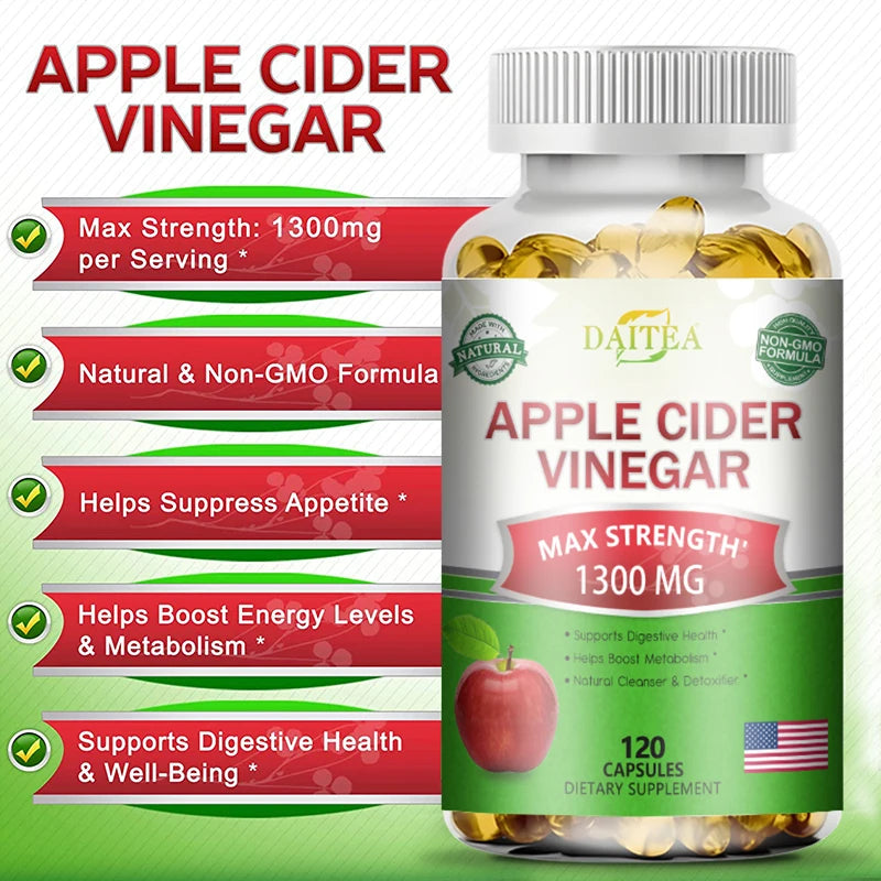 Apple Cider Vinegar Extract Supplement - Boosts Energy Levels, Fat Burning, Digestive Health, Natural and Non-GMO