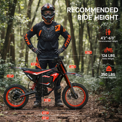QRONGE X1 Spark Electric Dirt Bike 4500W Peak Motor 60V 28.8AH Electric Motorcycle 60 Miles Range 14/12" Fat Tire Snow E-bike ﻿
