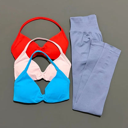 2 Piece Sport Set Women Yoga Backless Halter Bra High Waist Scrunch Seamless Pants Sport Suit Gym Sportswear Workout Set