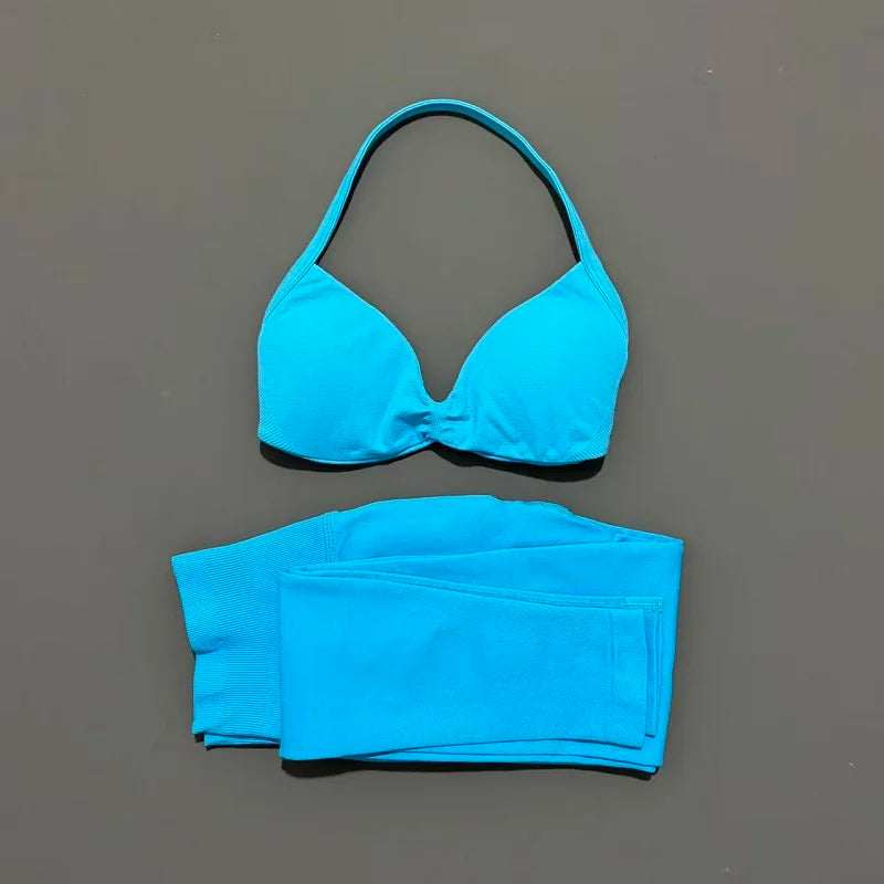 2 Piece Sport Set Women Yoga Backless Halter Bra High Waist Scrunch Seamless Pants Sport Suit Gym Sportswear Workout Set