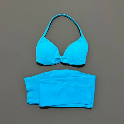 2 Piece Sport Set Women Yoga Backless Halter Bra High Waist Scrunch Seamless Pants Sport Suit Gym Sportswear Workout Set
